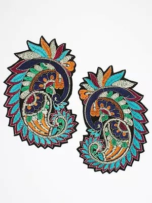 Multi Coloured Sequins-Thread Embroidered Paisley Patch (Set Of 2)