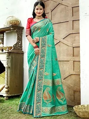 Silk Zari Work Traditional Saree With Red Blouse