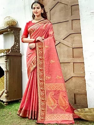 Silk Zari Work Traditional Saree With Red Blouse