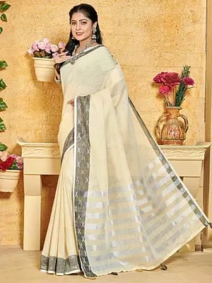 Linen Saree with Silver Straight Line Pallu and Blouse
