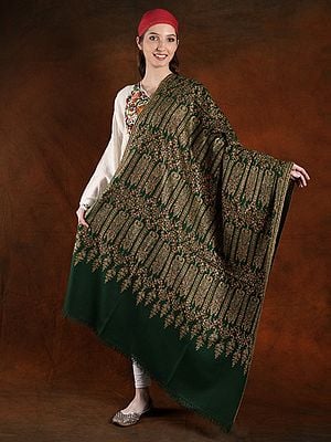 Bottle-Green Pashmina Handspun Jamawar Shawl with Silk Embroidery