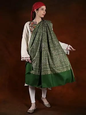 Dark-Green Silk Embroided Handspun Pashmina High End Jamawar Shawl With Paisley Butta Pattern