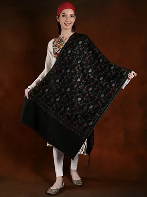Soot-Black Color Handspun Pashmina Stole With Cotton Embroidery