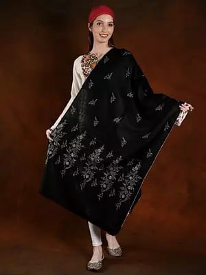 Jet-Black Cotton Embroidery Pashmina Handspun Stole