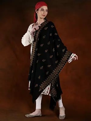 Black-Beauty Pashmina Handspun Stole With Cotton Floral Embroidery