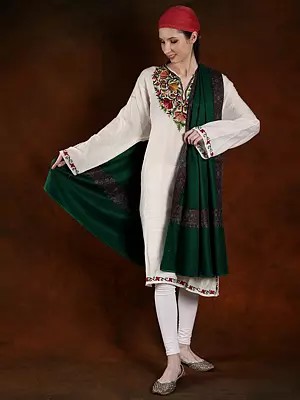 Dark-Green Machine Spun Pashmina Shawl with Cotton Embroidery and Flowers Border