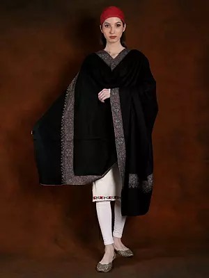 Jet-Black Machine Spun Pashmina Shawl with Cotton Embroidery Border