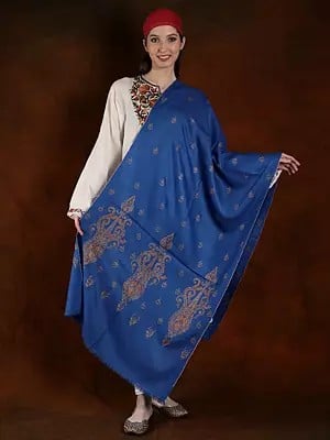 Azure Blue Handspun Pashmina Stole with Cotton Embroidery