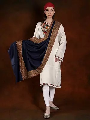 Deep-Cobalt Handspun Pashmina Shawl with Cotton Embroidery and Taj Mahal Design