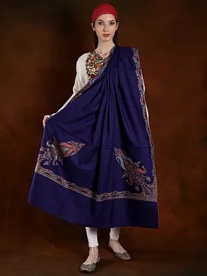 Orient-Blue Machine Spun Pashmina Shawl with Big Kunjdaar and Silk Embroidery