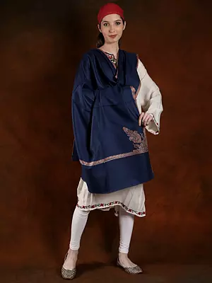 Deep-Cobalt Machine Spun Pashmina Shawl with Silk Embroidery Border