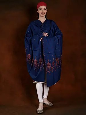 Dark-Blue Cotton Embroidery Machine Spun Pashmina Shawl With Floral Butti