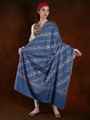 Pegion-Blue Pashmina Shawl With Machine Spun Cotton Embroidery