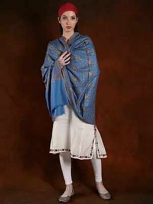 Cool-Blue Cotton Embroidery Handspun Pashmina Shawl With Floral Pattern