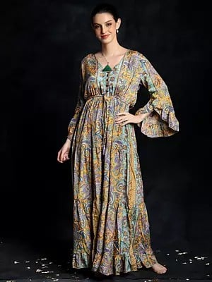 Golden-Rod Long Gown with All-Over Floral Paisley Pattern in Multicolor Print