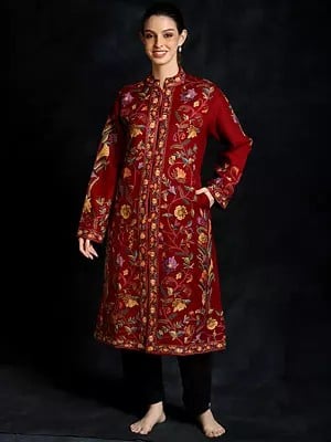 Rythmic-Red Pure Wool Long Jacket from Kashmir with Aari-Embroidery