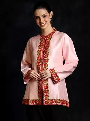 Pink-Salt Floral Pure Silk Short Jacket with Aari Embroidery by Hand