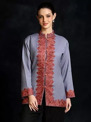 Lilac-Gray Hand Aari-Embroidered Pure Wool Short Jacket from Kashmir