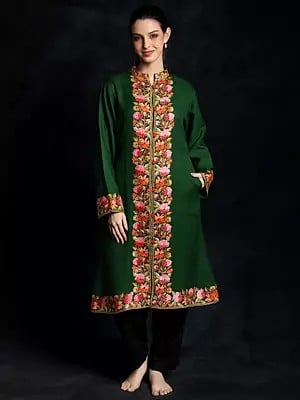 Deep-Green Pure Wool Long Jacket With Multicolor Floral Motif Hand Aari-Embroidery from Kashmir