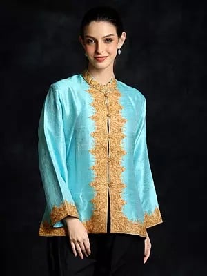 Tropical-Breeze Pure Silk Kalka Pattern Hand Aari-Embroidered Short Jacket