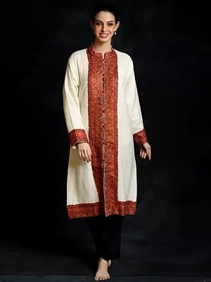 Cannoli-Cream Plain Pure Wool Long Jacket From Kashmir with Aari Embroidery on Border