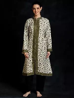 Lucent-White Paisley Jaal Pattern Hand Aari-Embroidered Pure Wool Long Jacket