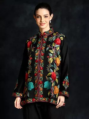 Black-Onyx Pure Wool Kashmiri Short Jacket With Floral Aari-Embroidery by Hand