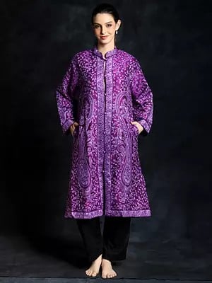 Deep-Orchid Pure Silk Long Jacket With All-Over Floral-Paisley Aari-Embroidery by Hand