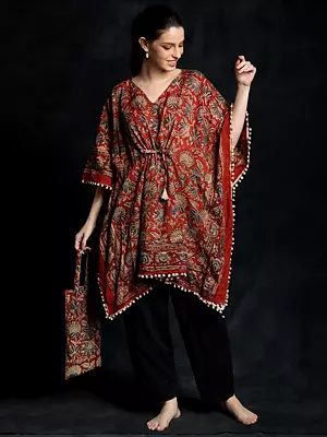 Pompeian-Red Floral Printed Short Kaftan with Cotton Bag and Pom Poms