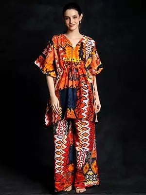 Mandarin-Orange Pure Cotton Kaftan Style Printed Co-Ord Set
