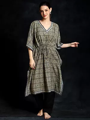 Aegean-Blue Cotton Chakra Pattern Printed Short Kaftan