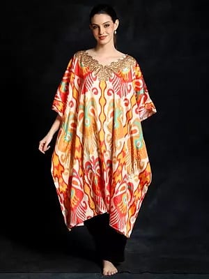 Cannoli-Cream Short Kaftan with All-Over Multicolor Print and Beadwork on Neck