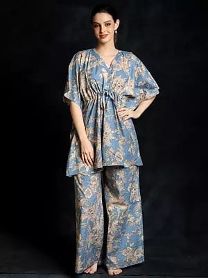 Powder-Blue Floral Printed Pure Cotton Kaftan Style Co-Ord Set