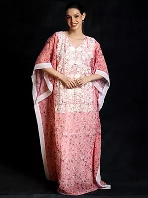 Blooming-Dahlia Long Kashmiri Georgette Kaftan With Floral Aari Embroidery