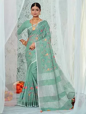 Linen Embroidery Work Saree With Plane Border And Blouse