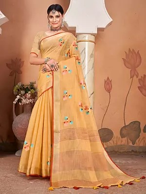 Linen Tassel Saree With Line Pattern Pallu And Blouse