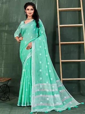 Linen Tassel Square Pattern Saree With Silver Line Pallu And Blouse