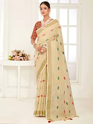 Linen Diamond Pattern Saree With Latkan Anchal And Blouse