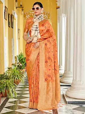 Banarasi Silk Floral Motif Saree With Blouse And Tassels Pallu