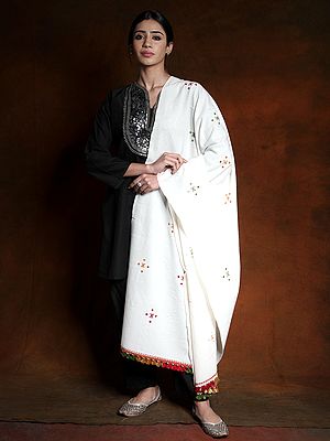 Woolen Plain Shawl from Kutch with Mirror Embroidery