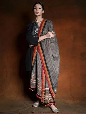 Granite-Gray Kutch Cotton Wool Striped Shawl with Tasseled Border