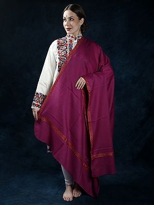 Plain Tusha Shawl with Paisley Vine Sozni Embroidery on Border