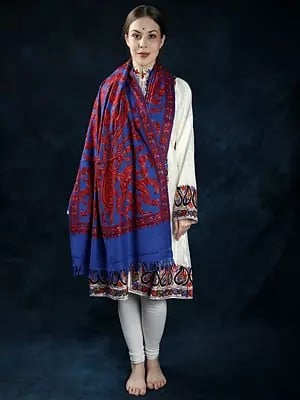 Dazzling-Blue Pure Wool Kashmiri Stole with Hand-Embroidered Paisleys All Over