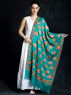 Tropical-Green Maple Leaf Hand-Aari Embroidered Pure Wool Stole from Kashmir