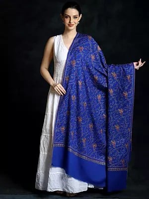 Dazzling-Blue Tusha Shawl from Kashmir with Sozni Hand-Embroidered Vines