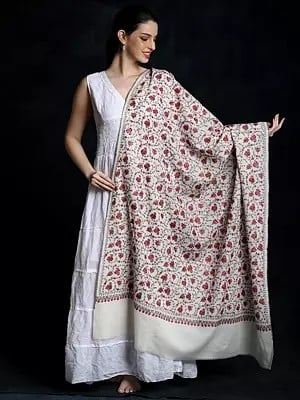 Star-White Pure Tusha Shawl from Kashmir with Sozni Paisley Jaal Embroidery by Hand