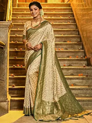 Banarasi Silk Woven Work Saree With Golden Flower Design In Border And Pallu