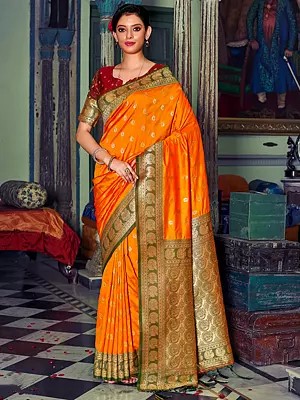 Banarasi Silk Weaving Work Saree With Golden Peacock Design In Border And Pallu
