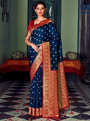 Banarasi Silk Weaving Work Saree With Golden Peacock Design In Border And Pallu