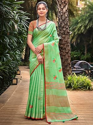 Linen Self Motif Saree with Tassel and Blouse